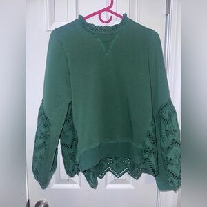 Anthropologie Forest Green Lace Sleeve Sweatshirt